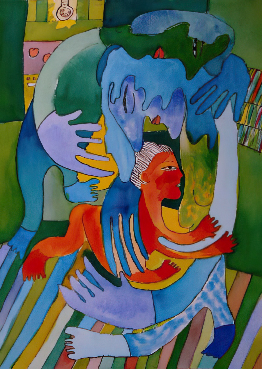 A gouache on paper painting of Valerie and me melting with fatigue holding Naomi.