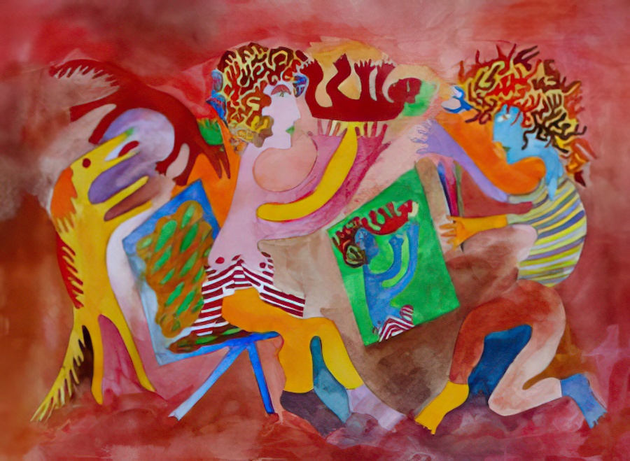 A gouache on paper painting of Valerie, Naomi and me with our dogs.