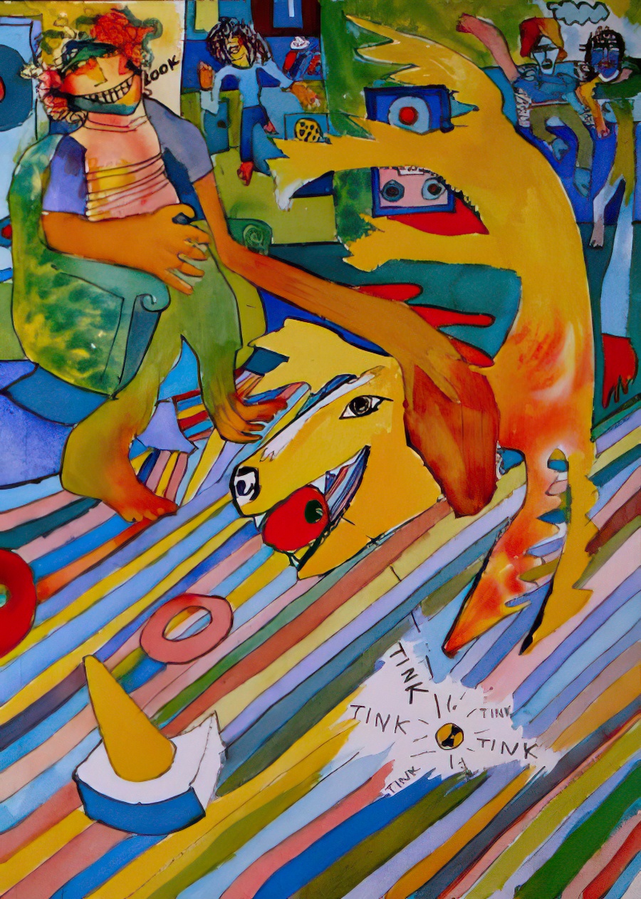 A colourful gouache on paper painting of family and friends indoors.