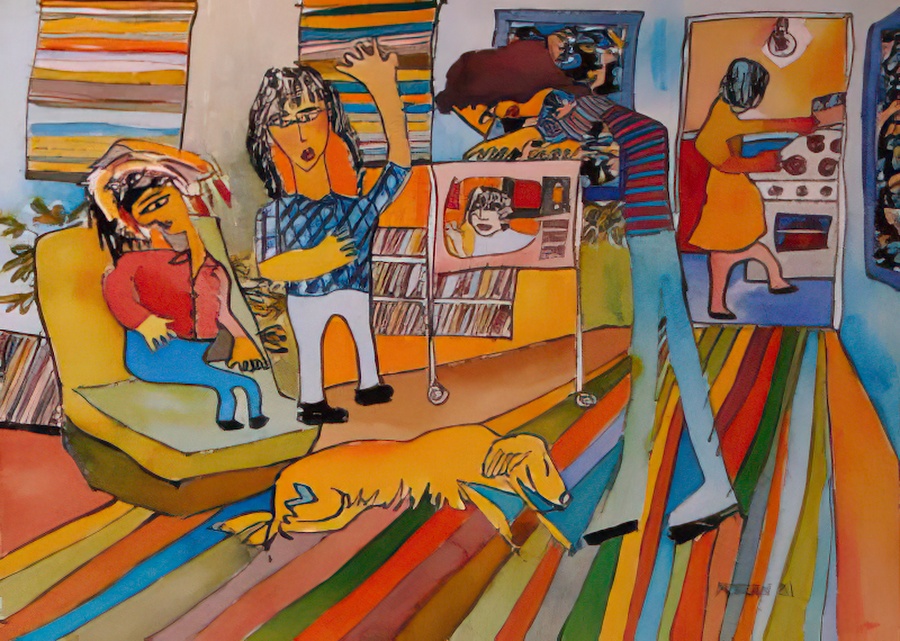 A colourful gouache on paper painting of family and friends indoors.
