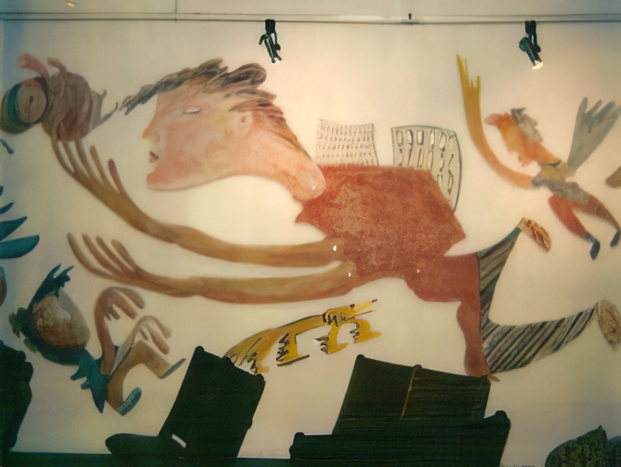 Acrylic on cutout Masonite of 1980s urbanites.