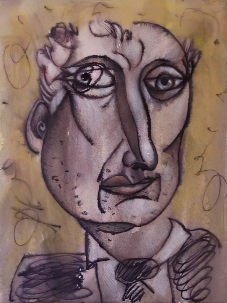 An ink and watercolour portrait on paper.