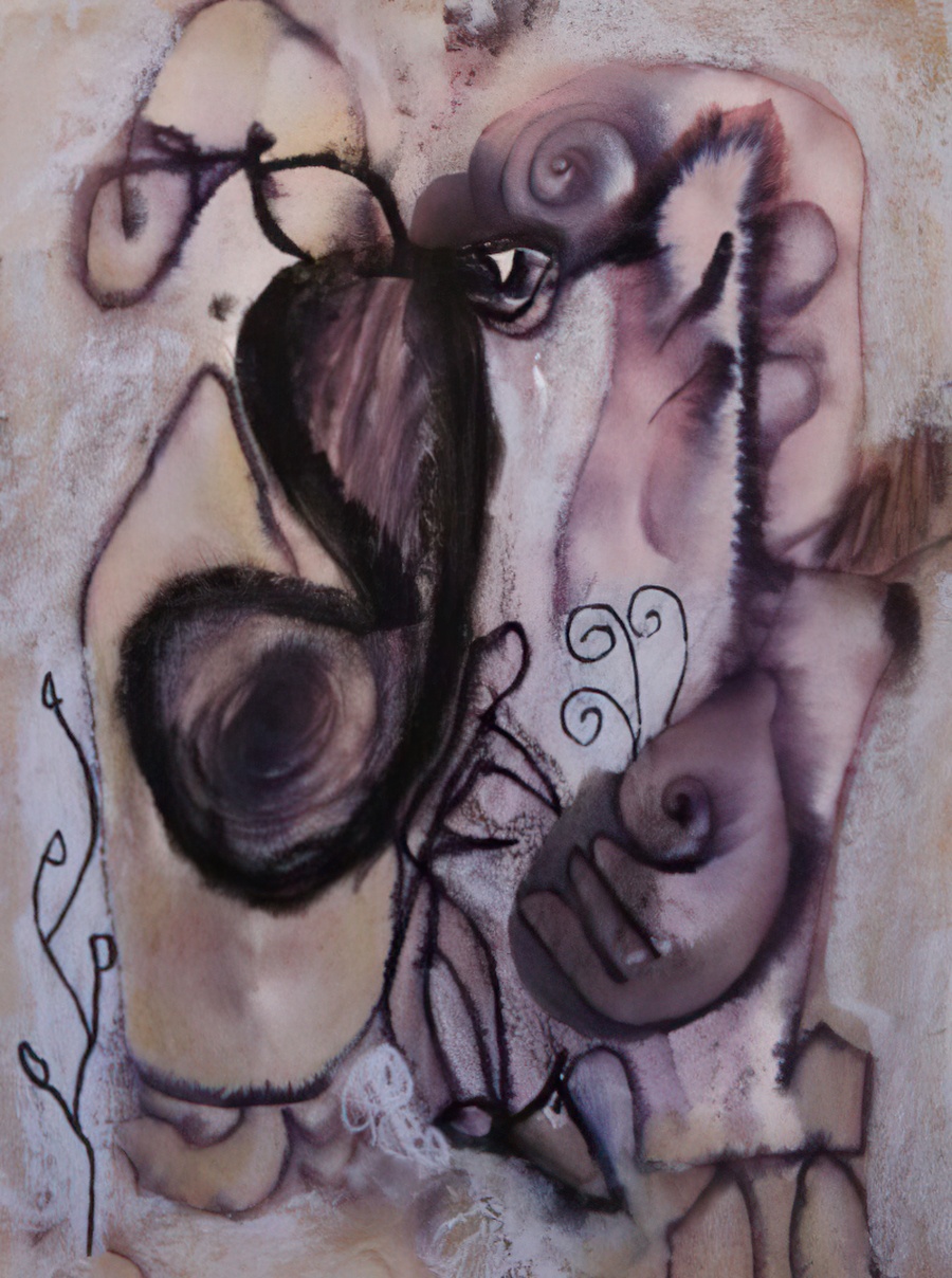 An ink, watercolour and water-soluble crayon on paper abstract.