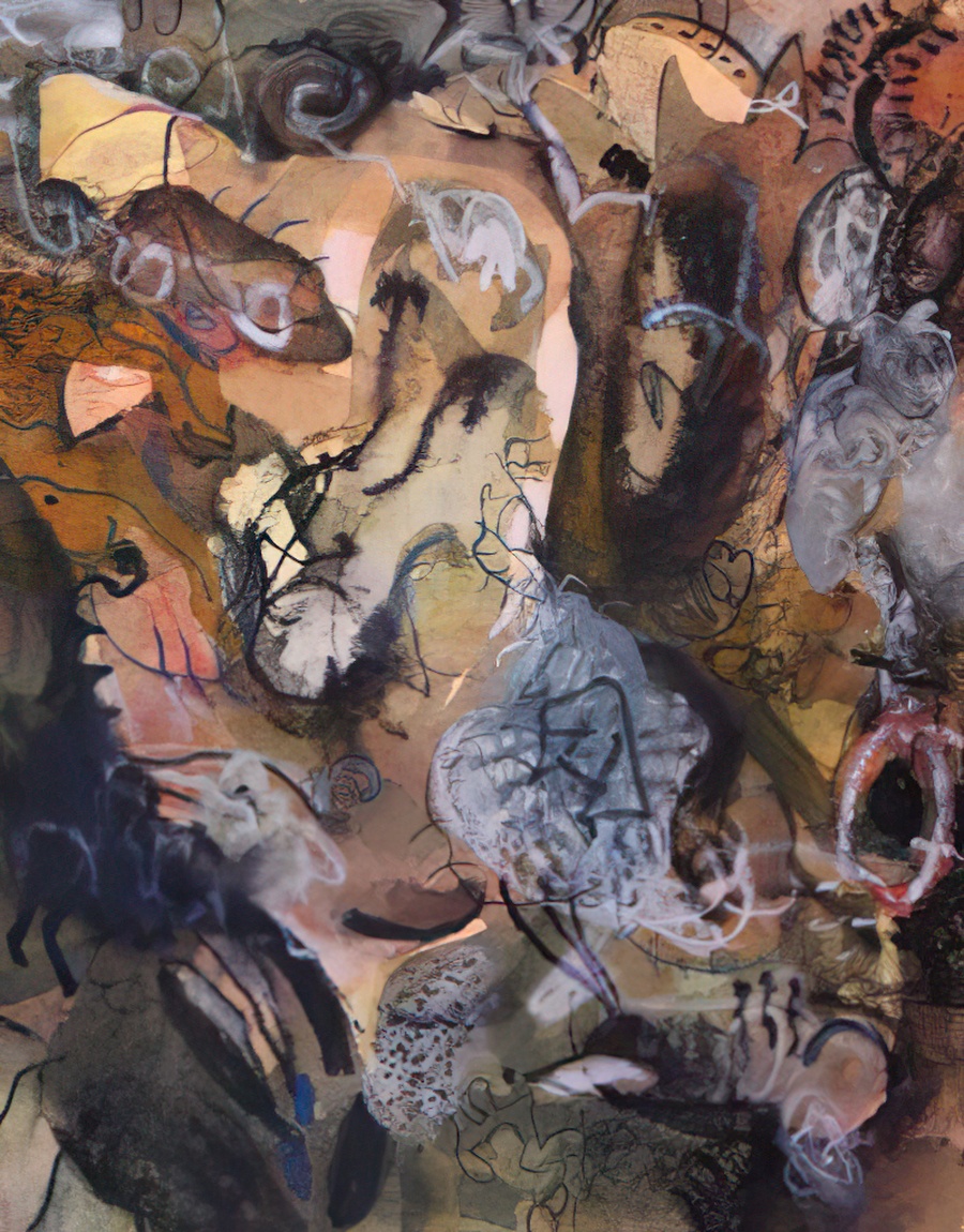 An ink, watercolour and water-soluble crayon on paper abstract.