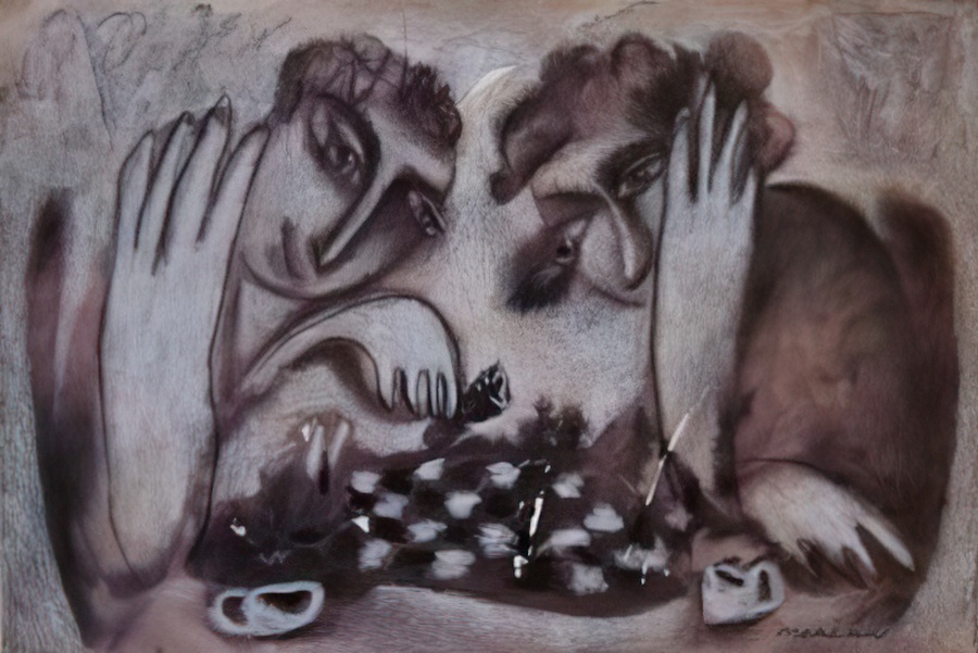 Two people playing chess at the New Bohemian Coffee House.