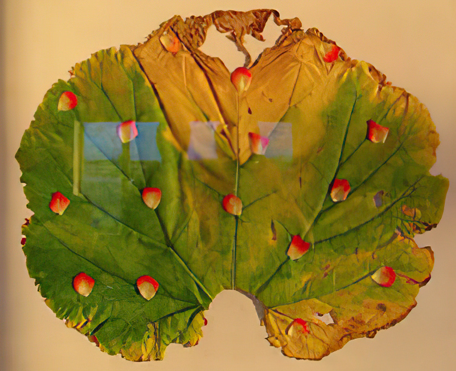Framed rhubarb leaf with rose petals.