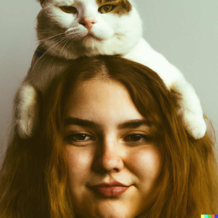 a woman with a cat on her head - DALL-E